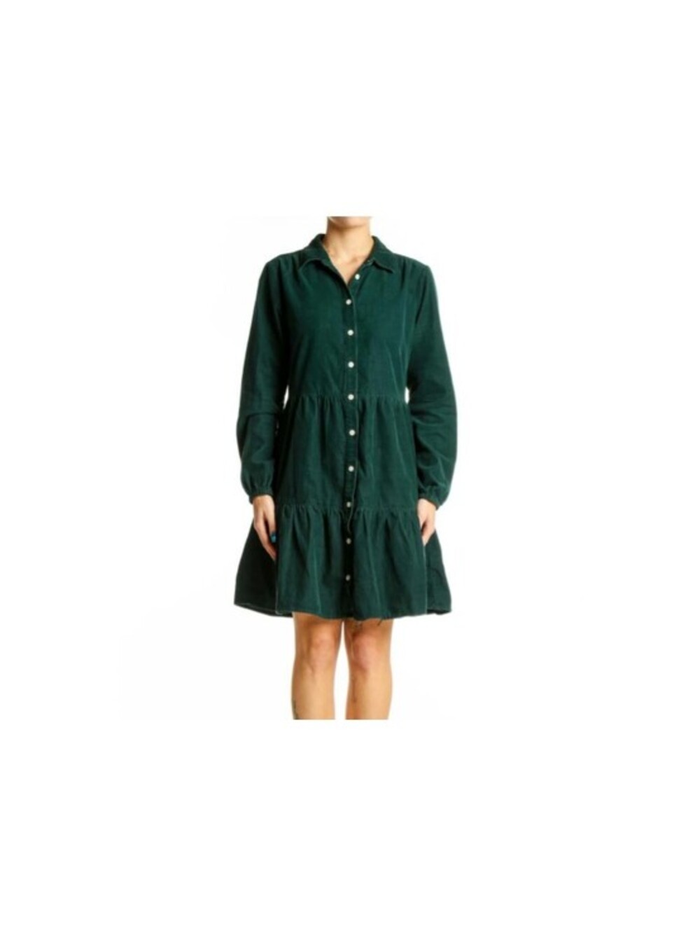 J.Crew Tiered Corduroy Shirt Dress Size 6 Green Long Sleeve Button Up Above Knee